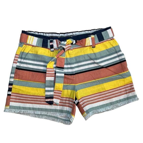 LOFT Outlet 4” Shorts Linen Blend Beach Cabana Stripe Fringe Belted Size 4 - Picture 1 of 10